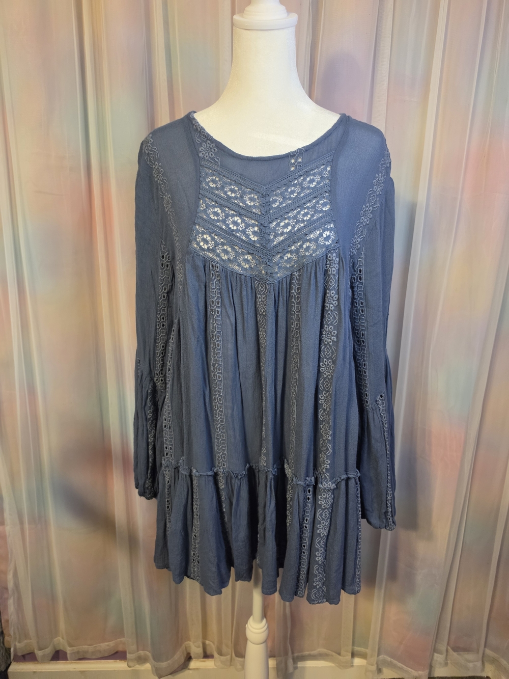Free People Periwinkle Blue Lace Embroidery Tiered Babydoll Dress Size Large